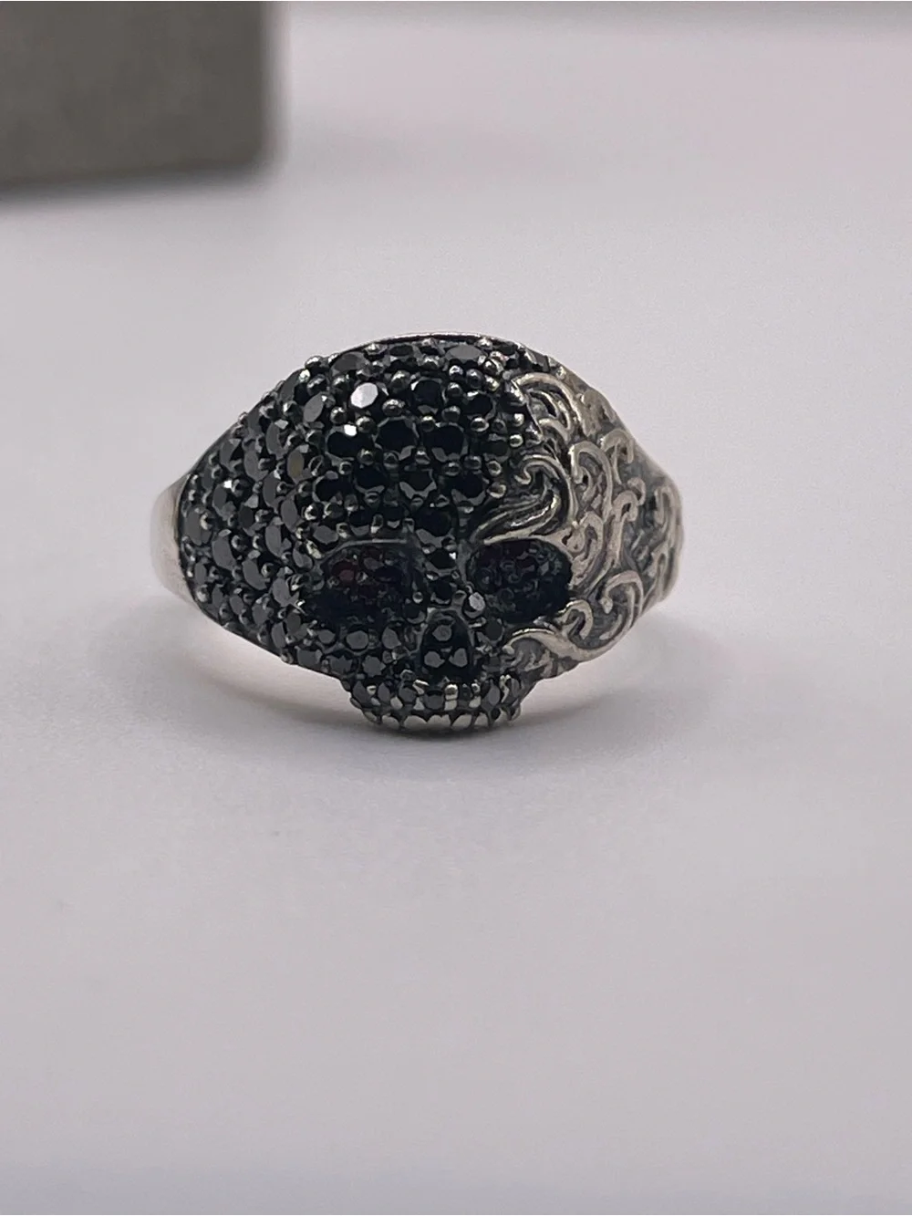 David Yurman Sterling Silver Skull Ring with Black Diamonds and Rubies